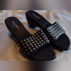 Vtg Y2K SHARIF STUDIO BLACK LEATHER SILVER STUDDED MULES, 7.5M